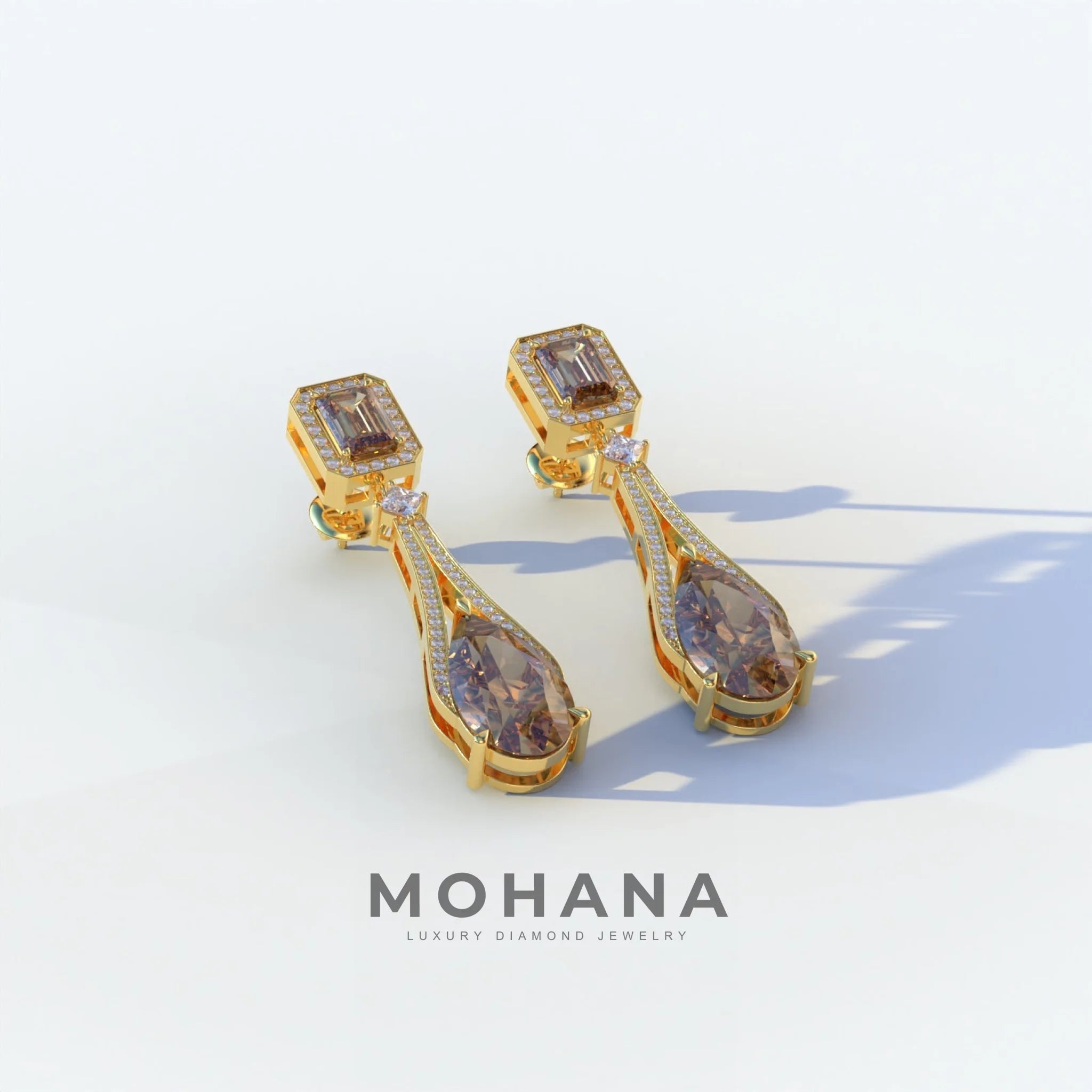 Canary - Fancy Brown Pear & Emerald Diamond Drop Earrings | Fancy Halo Setting | Certified