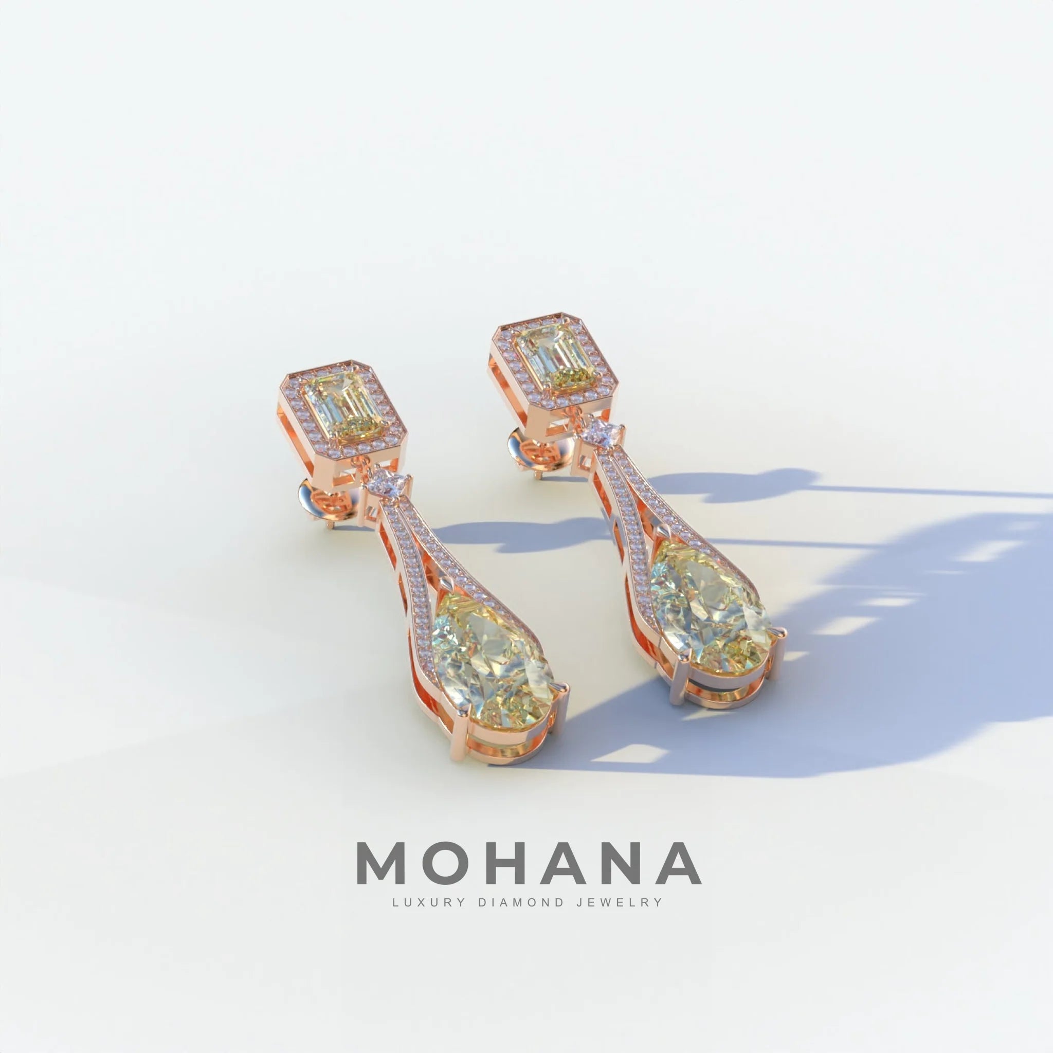 Canary - Yellow Color Pear & Emerald Diamond Drop Earrings | Fancy Halo Setting | Certified