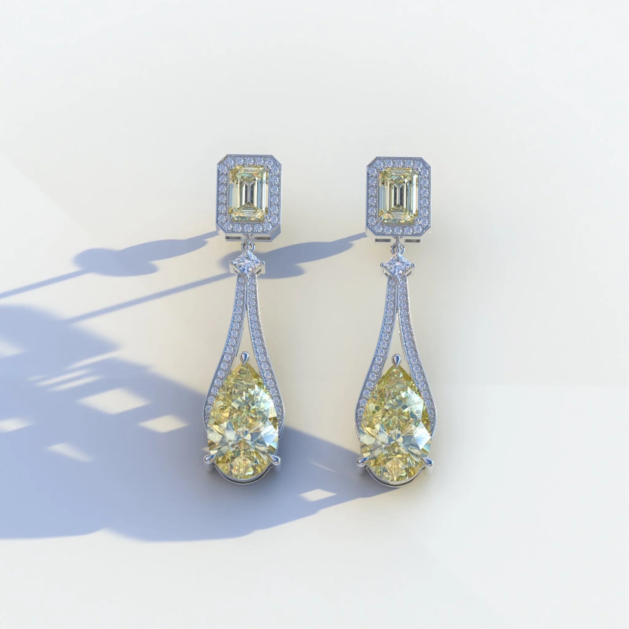 Canary - Yellow Color Pear & Emerald Diamond Drop Earrings | Fancy Halo Setting | Certified - 1 Carat Tw. Lab Diamond