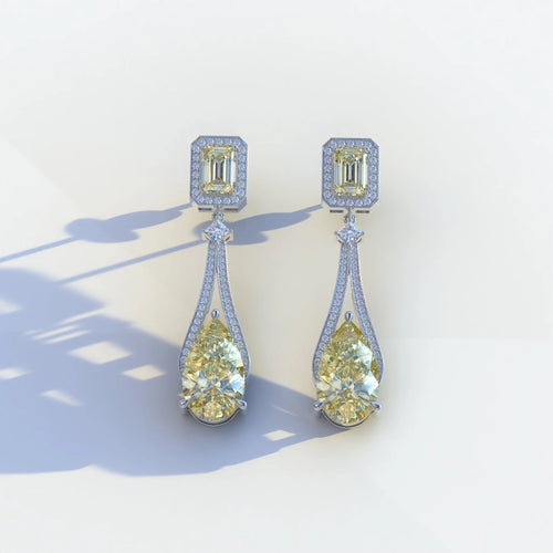 Canary - Yellow Color Pear & Emerald Diamond Drop Earrings | Fancy Halo Setting | Certified - 1 Carat Tw. Lab Diamond