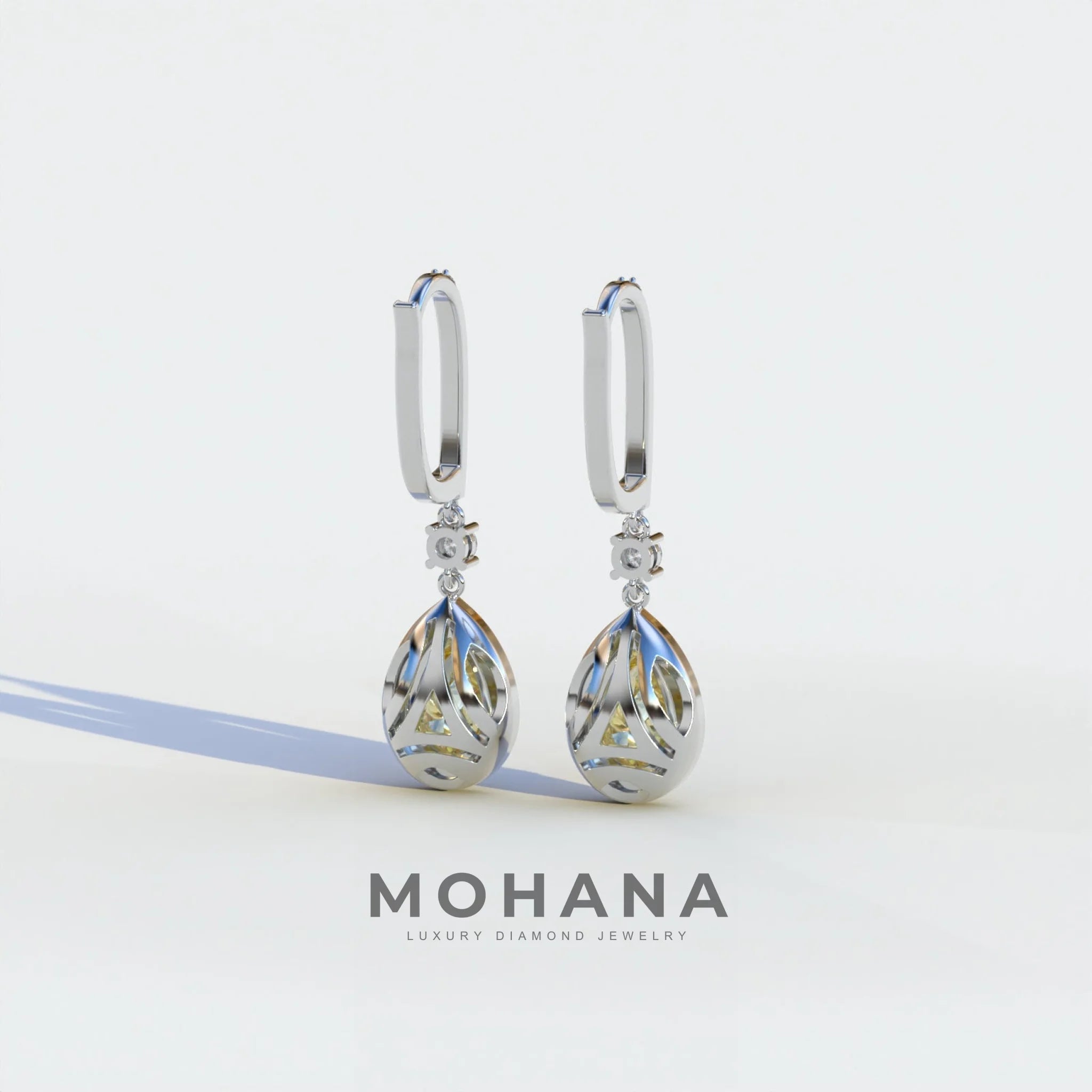 Cleopatra - Pear Cut Yellow Color Diamond Stud Earrings | Halo & Pave Setting | Certified