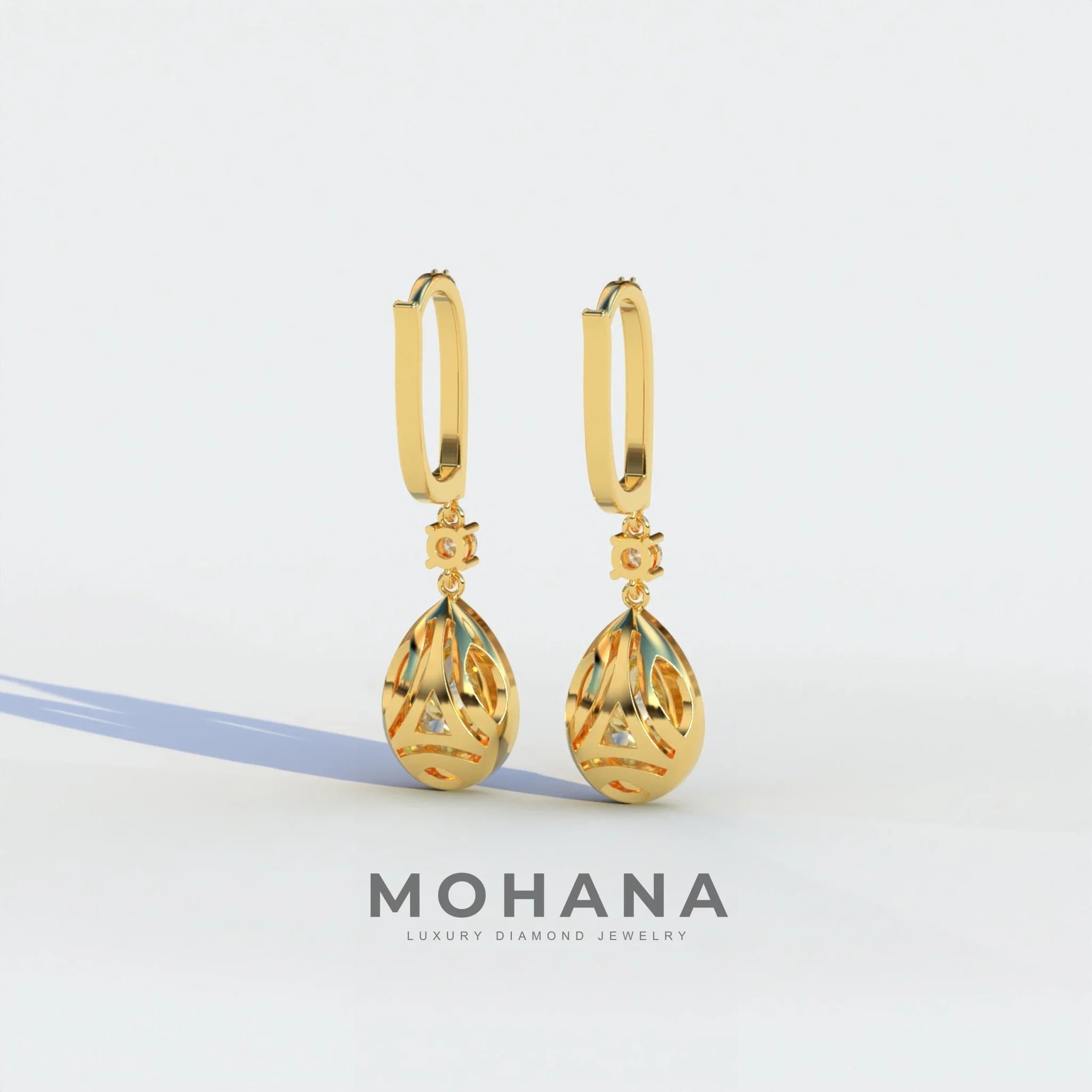 Cleopatra - Pear Cut Yellow Color Diamond Stud Earrings | Halo & Pave Setting | Certified
