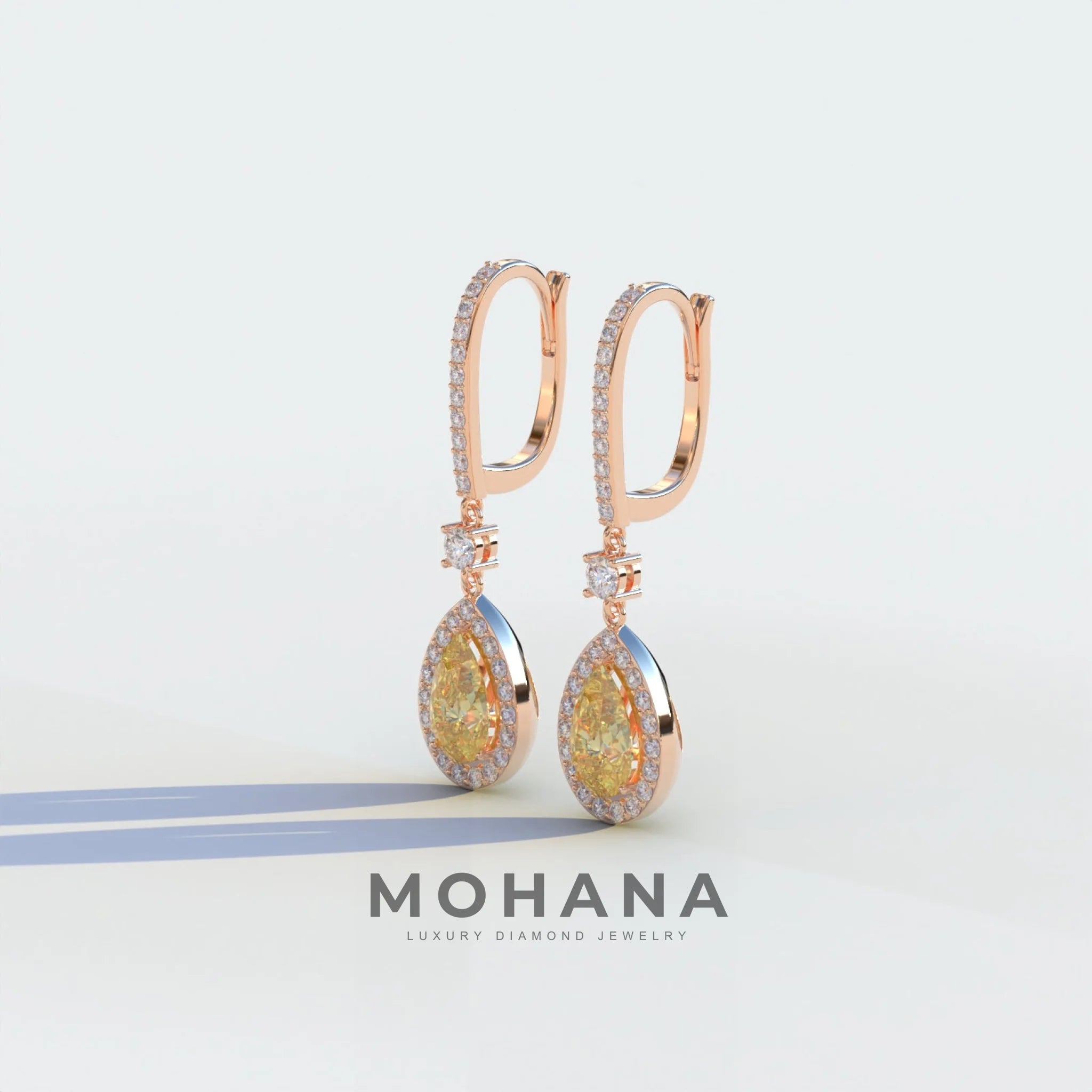 Cleopatra - Pear Cut Yellow Color Diamond Stud Earrings | Halo & Pave Setting | Certified