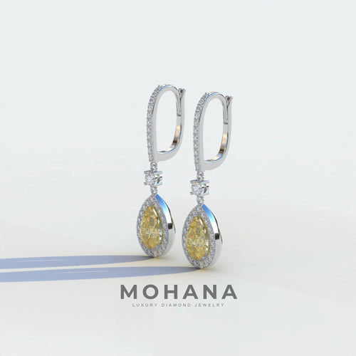 Cleopatra - Pear Cut Yellow Color Diamond Stud Earrings | Halo & Pave Setting | Certified