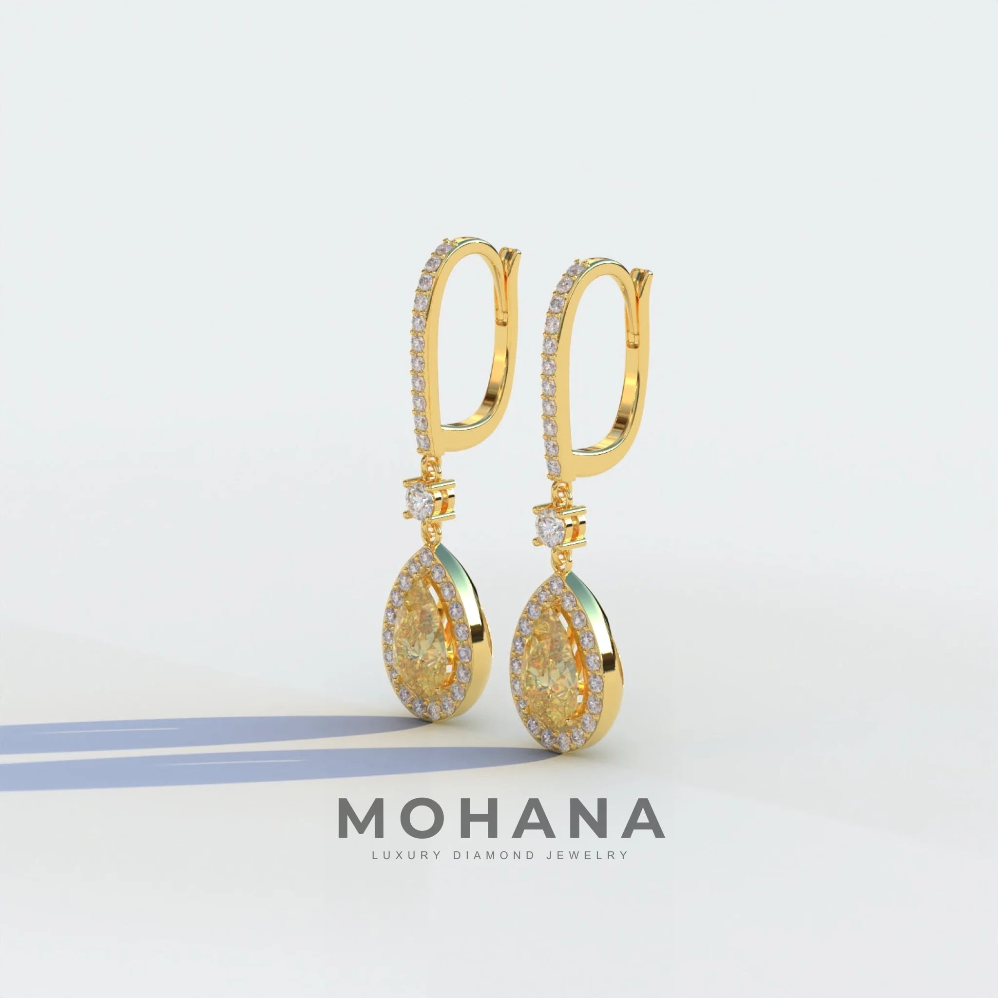 Cleopatra - Pear Cut Yellow Color Diamond Stud Earrings | Halo & Pave Setting | Certified