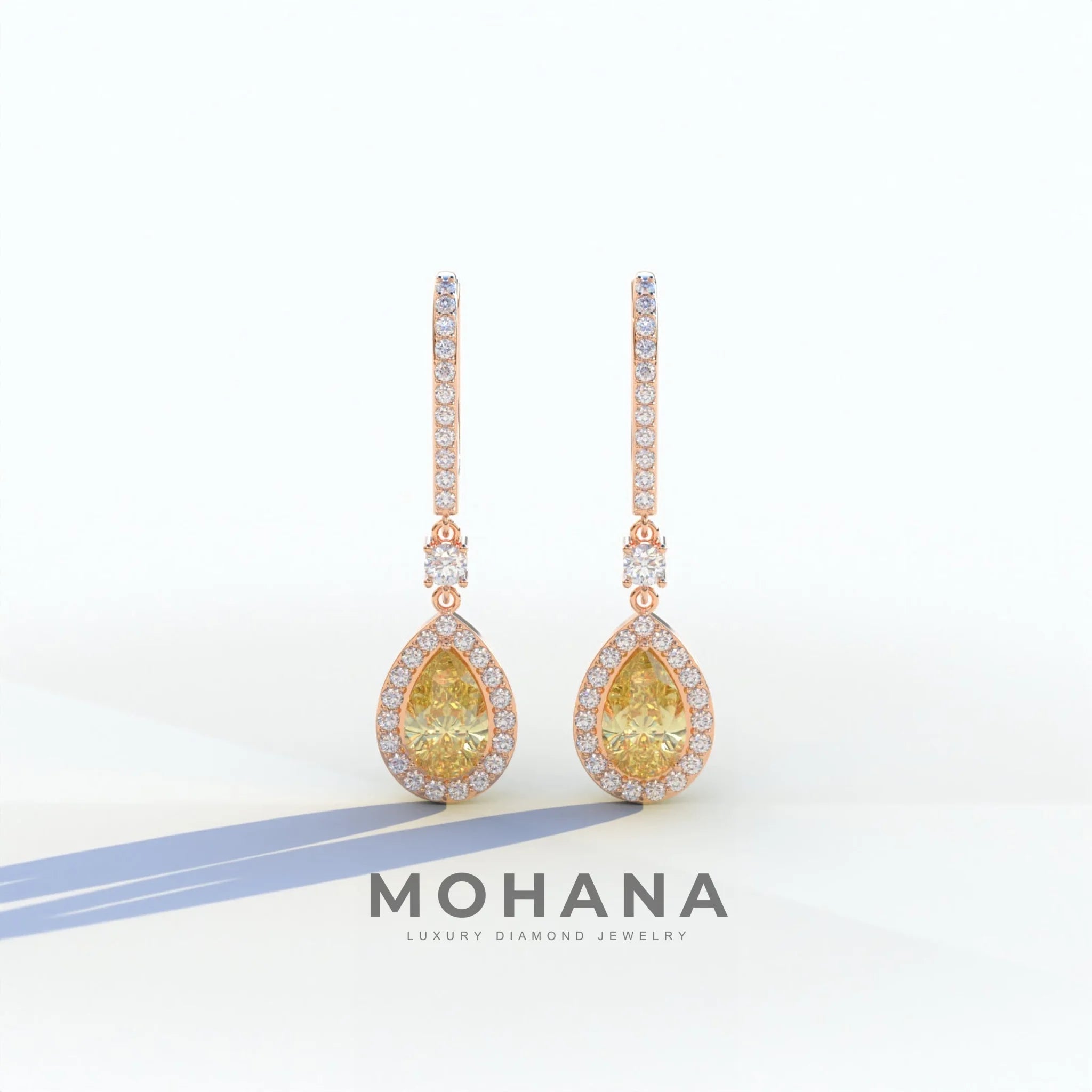 Cleopatra - Pear Cut Yellow Color Diamond Stud Earrings | Halo & Pave Setting | Certified - 1 Carat Tw. Lab Diamond