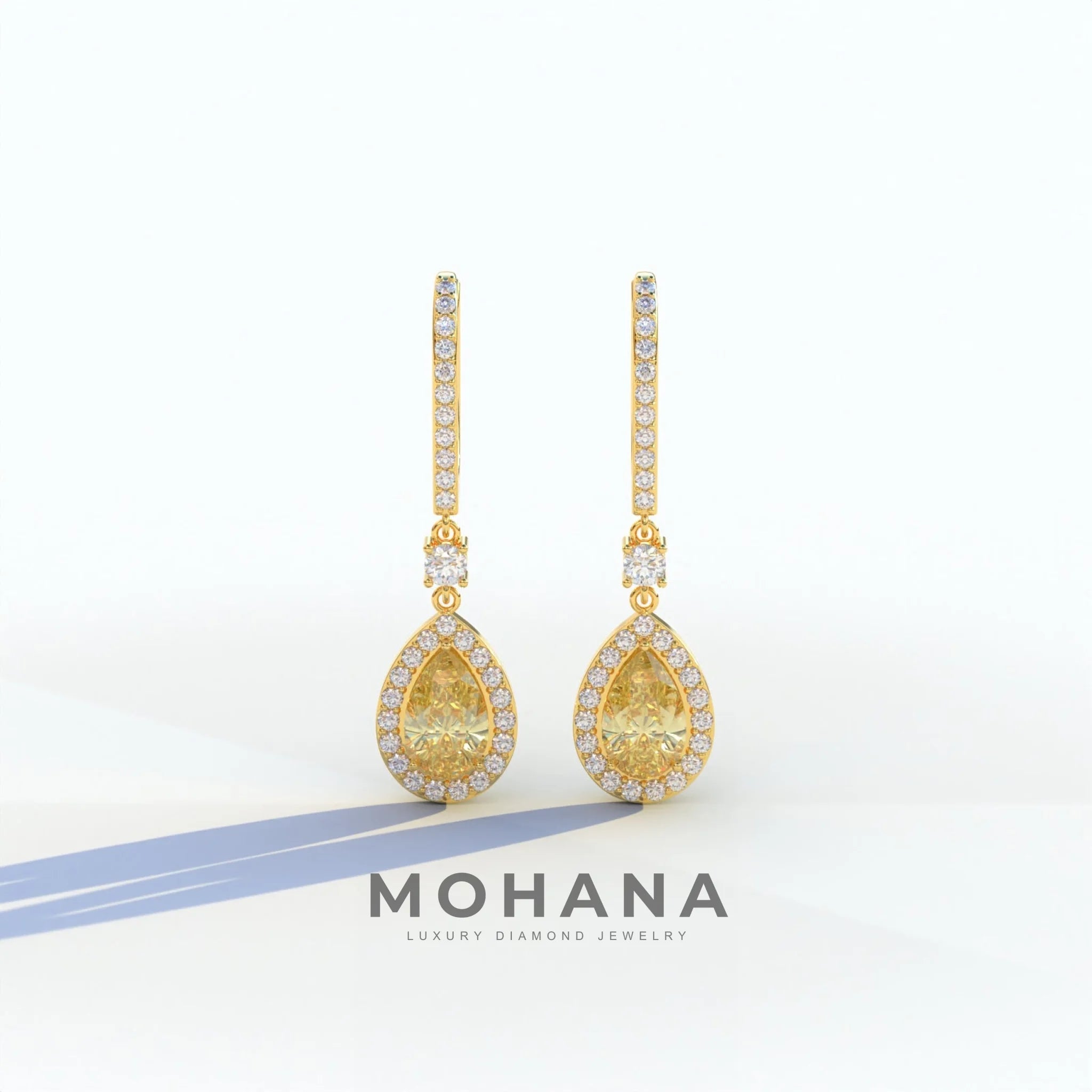 Cleopatra - Pear Cut Yellow Color Diamond Stud Earrings | Halo & Pave Setting | Certified - 1 Carat Tw. Lab Diamond