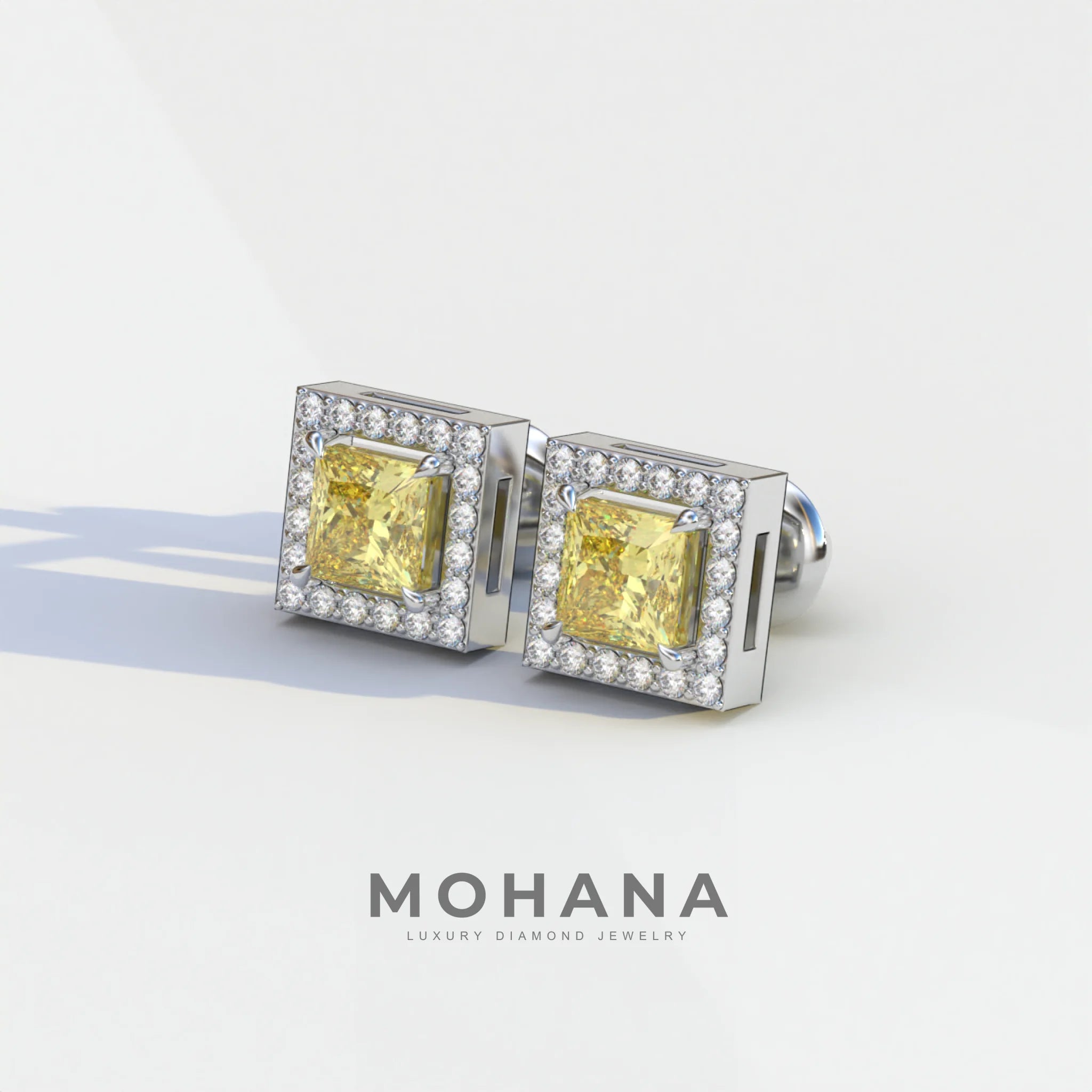 1 Carat Yellow Princess Cut Lab Grown Diamond Halo Stud Earrings