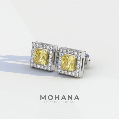 1 Carat Yellow Princess Cut Lab Grown Diamond Halo Stud Earrings