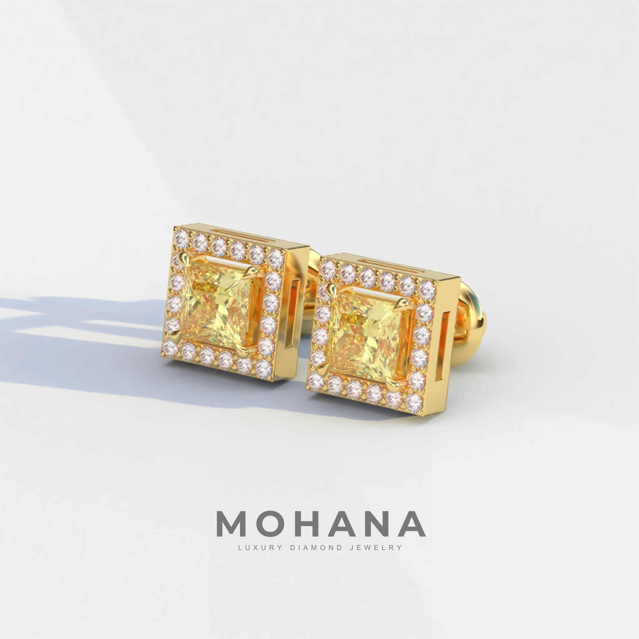 1 Carat Yellow Princess Cut Lab Grown Diamond Halo Stud Earrings