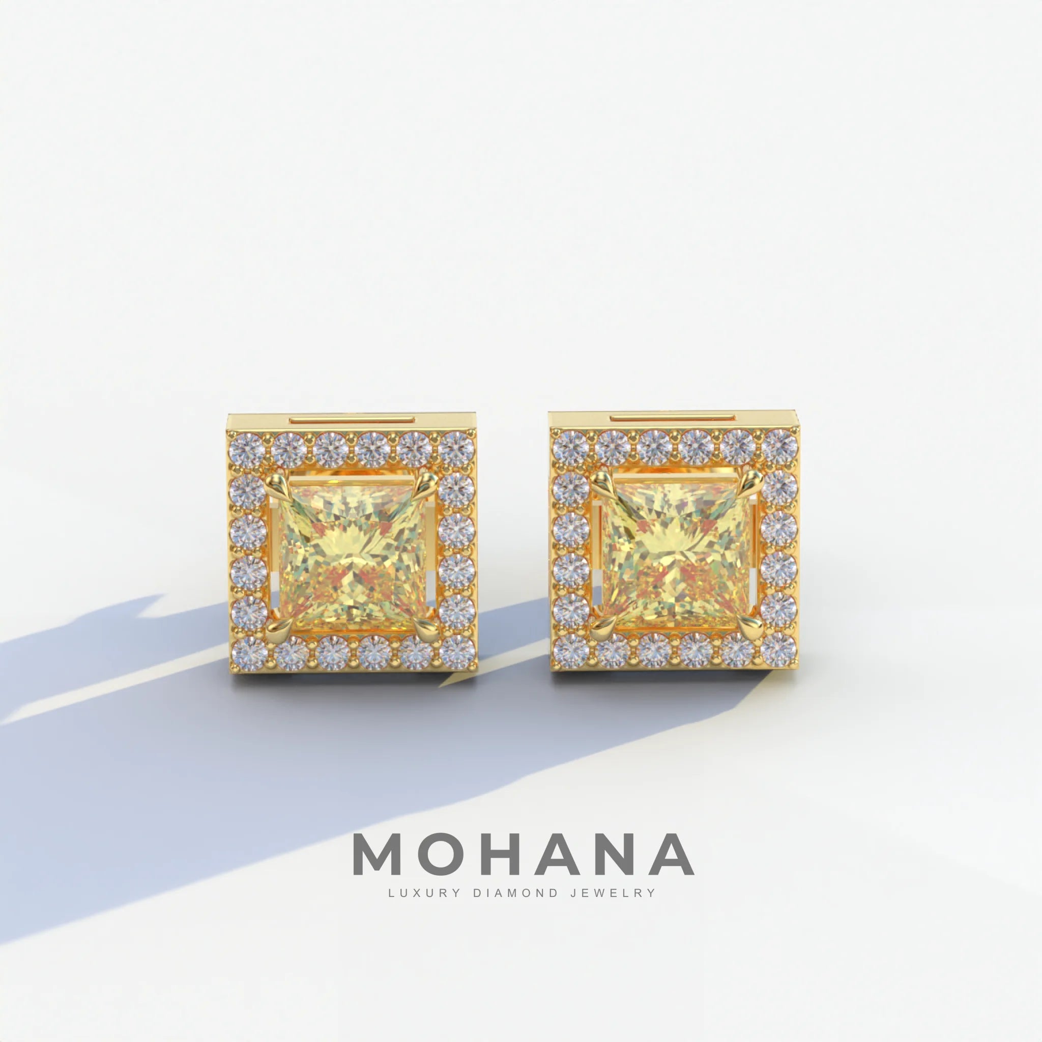 1 Carat Yellow Princess Cut Lab Grown Diamond Halo Stud Earrings - 10K Solid Gold / Yellow Gold