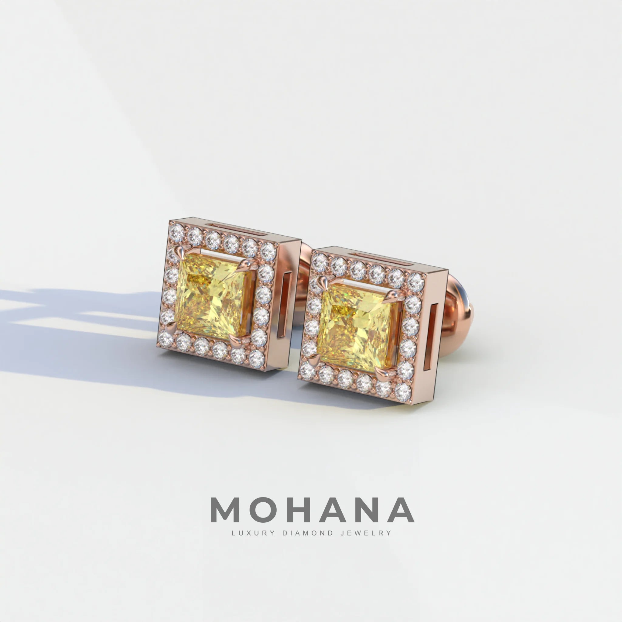 1 Carat Yellow Princess Cut Lab Grown Diamond Halo Stud Earrings