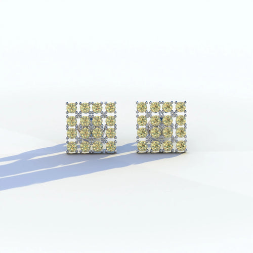 Yellow Round Cut Lab Diamond Cluster Setting Stud Earrings - Cindy - 10K Solid Gold / White Gold