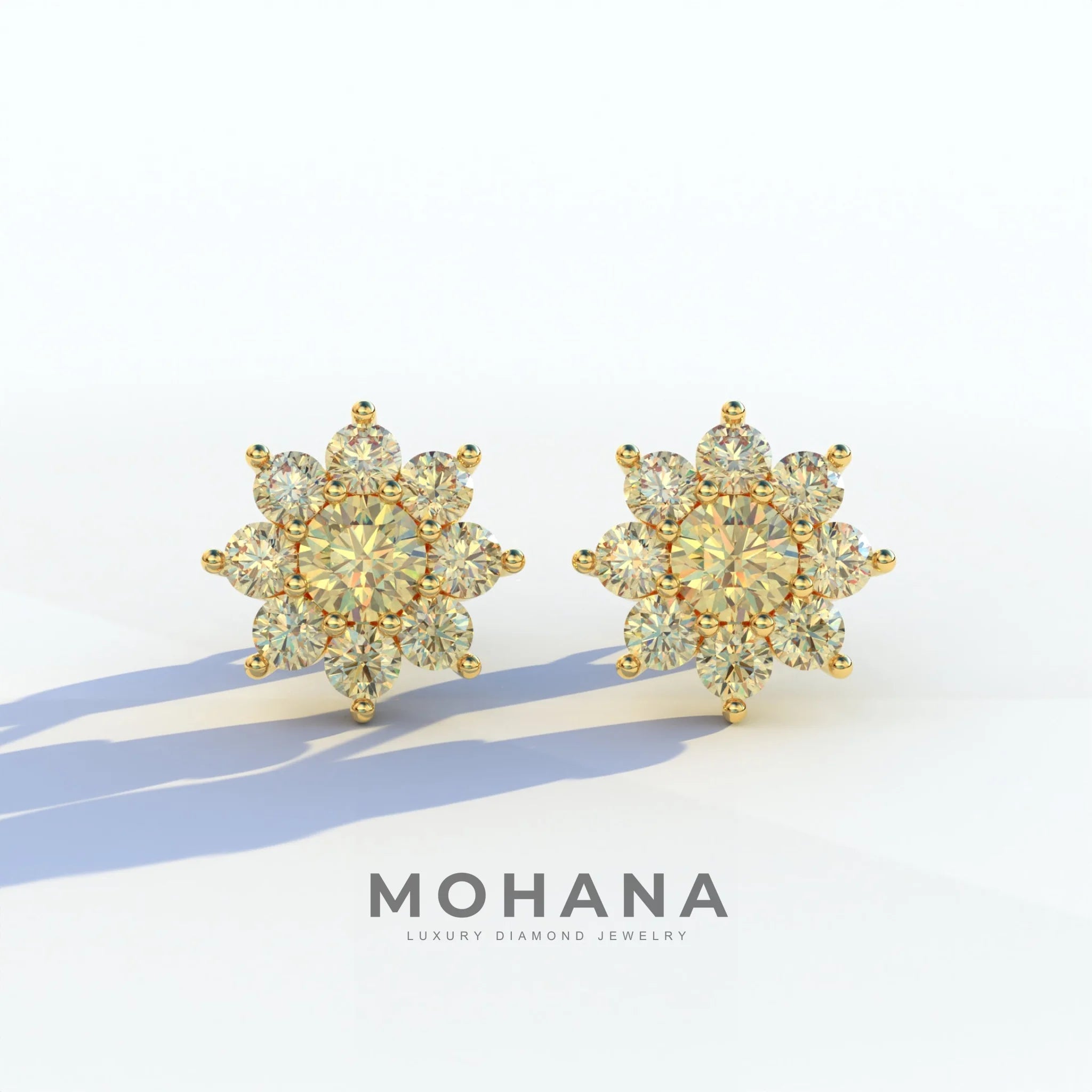 Persee - Round Yellow Diamond Stud Earrings| Piercing Flower Setting - 10K Solid Gold / Yellow Gold