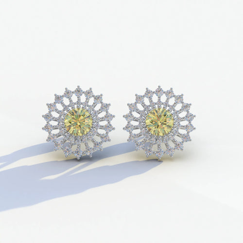 Aster - Yellow Color Round Diamond Stud Earrings - 10K Solid Gold / White Gold
