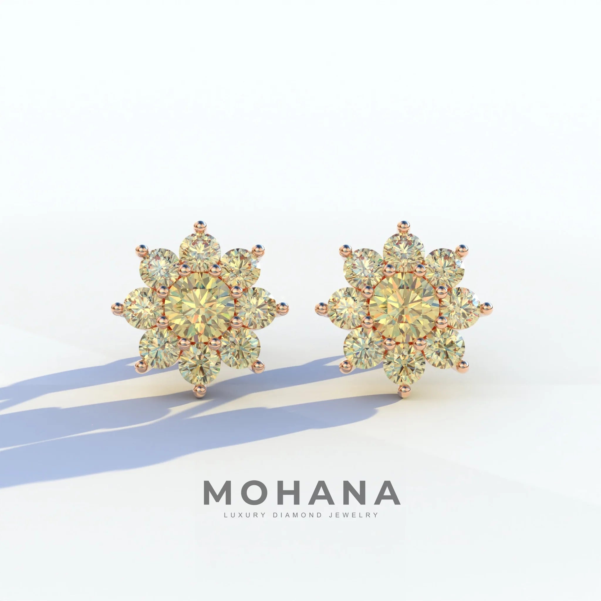 Persee - Round Yellow Diamond Stud Earrings| Piercing Flower Setting - 10K Solid Gold / Rose Gold
