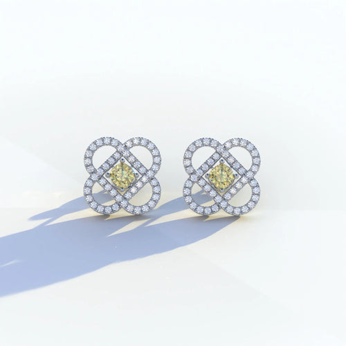 Yellow Color Round Cut Lab Diamond Stud Earrings - Hanri Daussi - 10K Solid Gold / White Gold