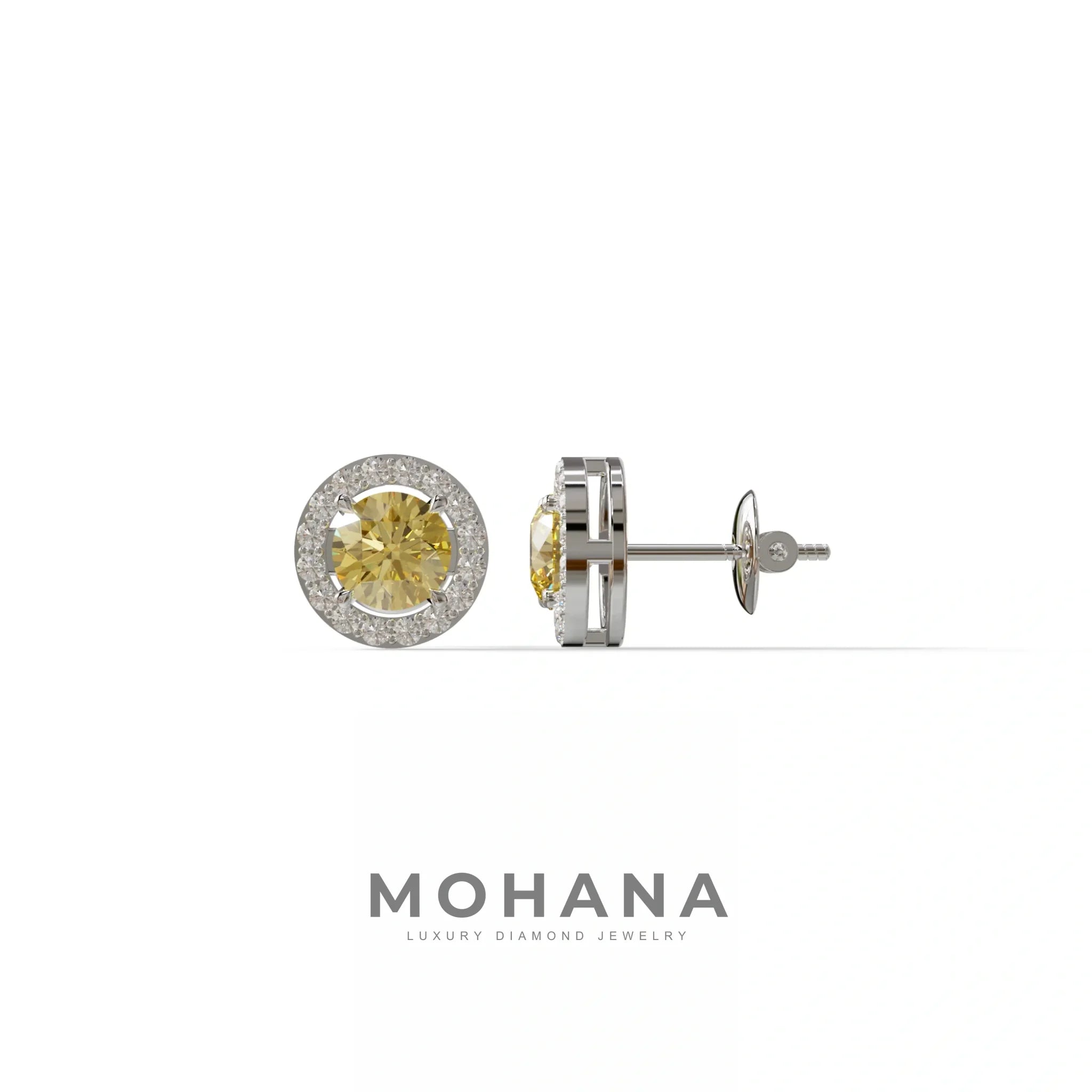 Ciera - Stunning Yellow Color Round Diamond Stud Earrings | Halo Setting | Certified