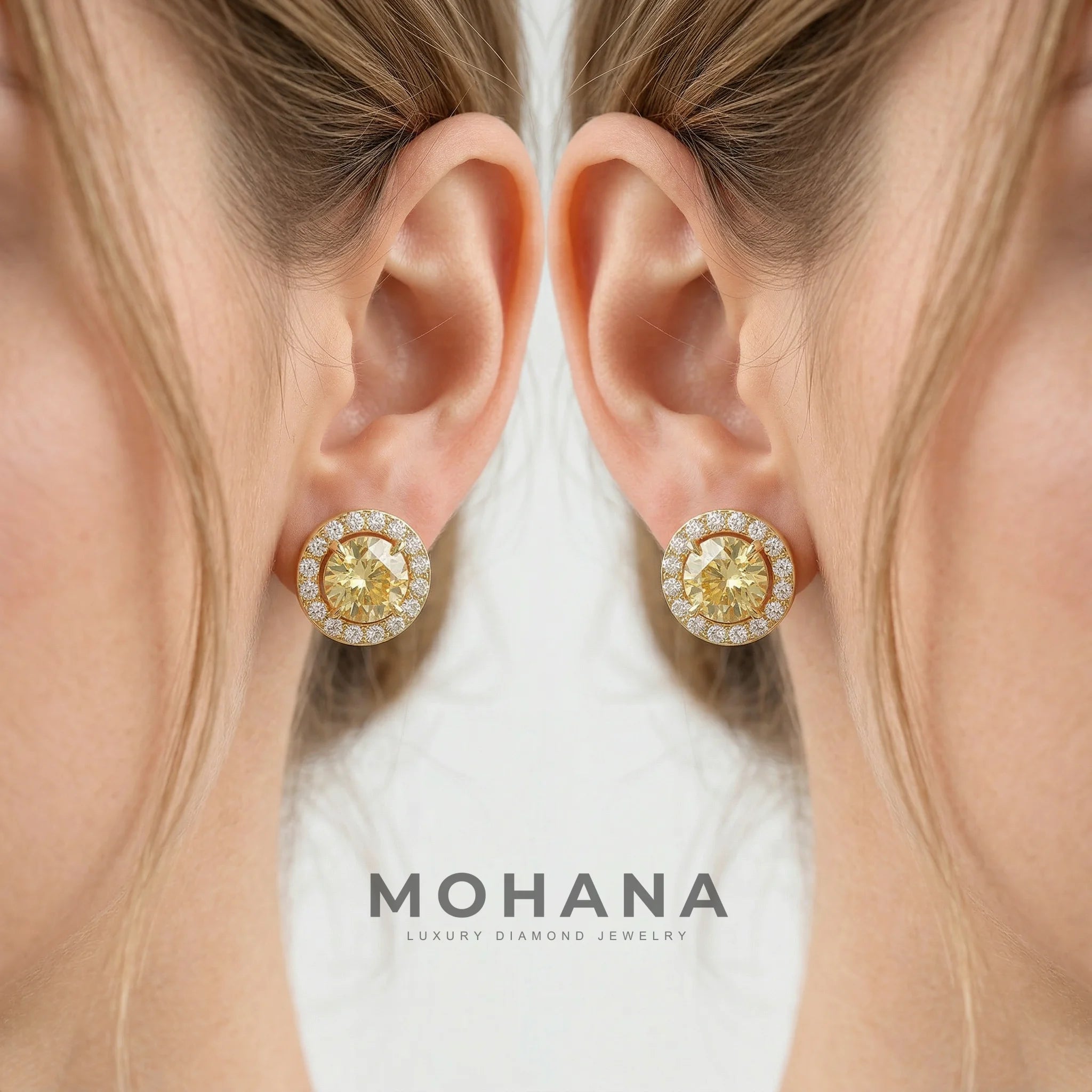 Ciera - Stunning Yellow Color Round Diamond Stud Earrings | Halo Setting | Certified