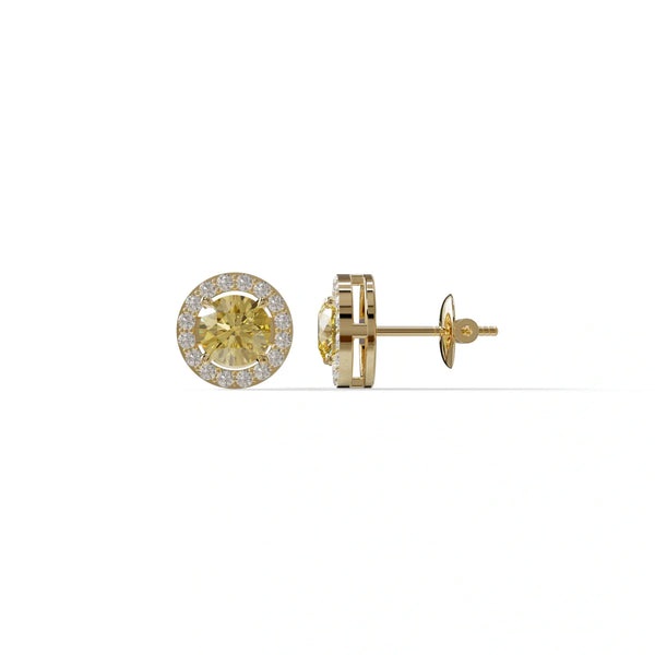 1 Carat Yellow Lab Grown Diamond Stud Earrings – Round Cut Halo
