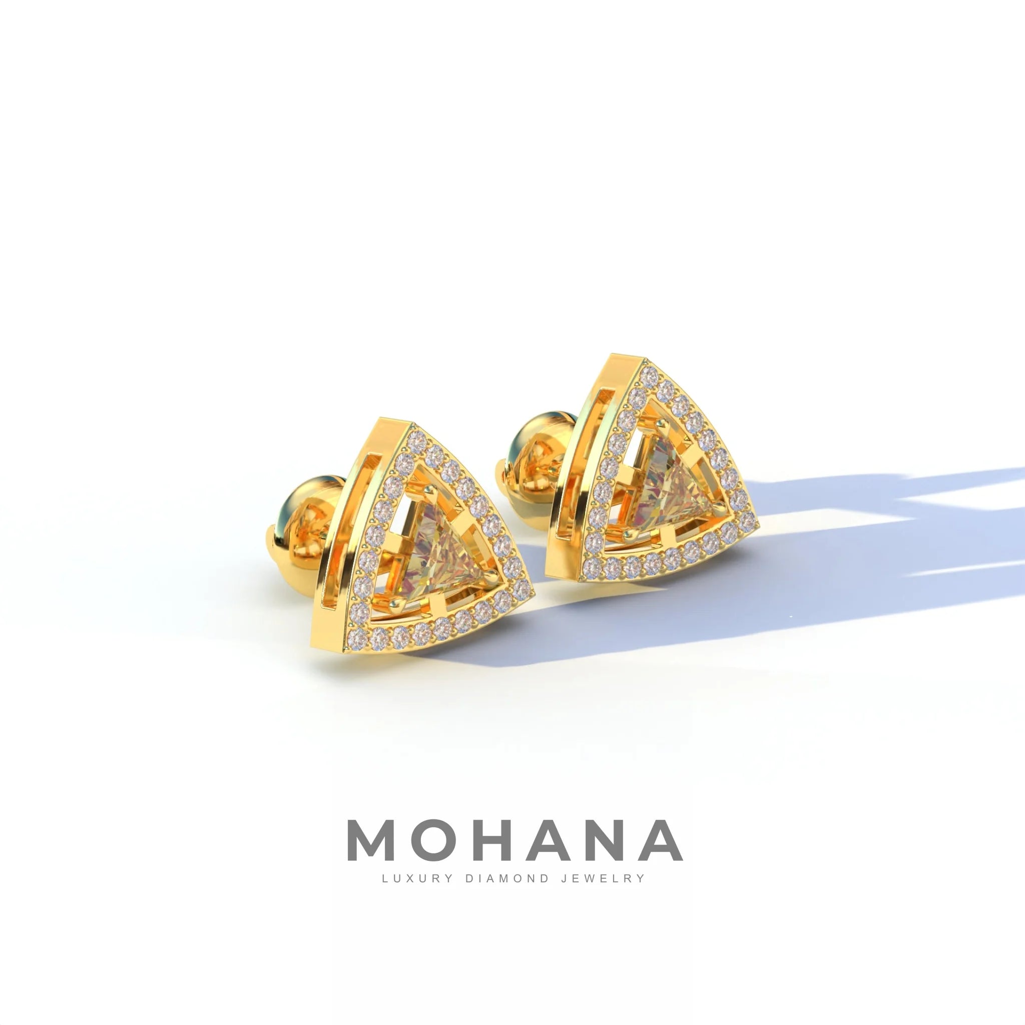 Yellow Color Triangle Cut Lab Diamond Halo Stud Earrings - Trinity