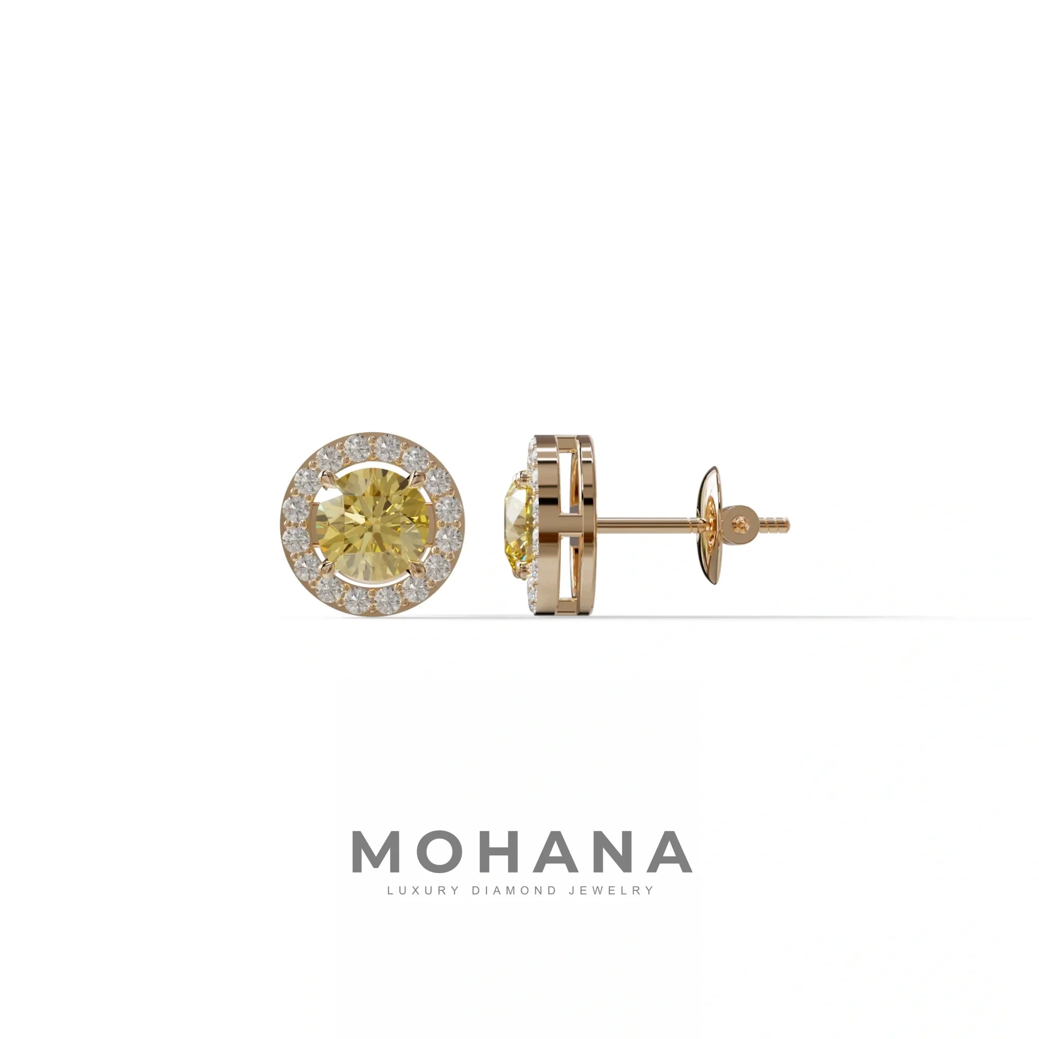 Ciera - Stunning Yellow Color Round Diamond Stud Earrings | Halo Setting | Certified