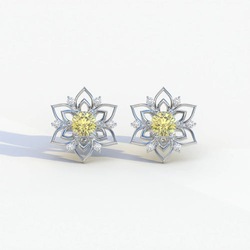 Daffodil - Yellow Color Round Cut Diamond Earrings| Beautiful Claw Prong Setting | Certified - 1 Carat Tw. Lab Diamond