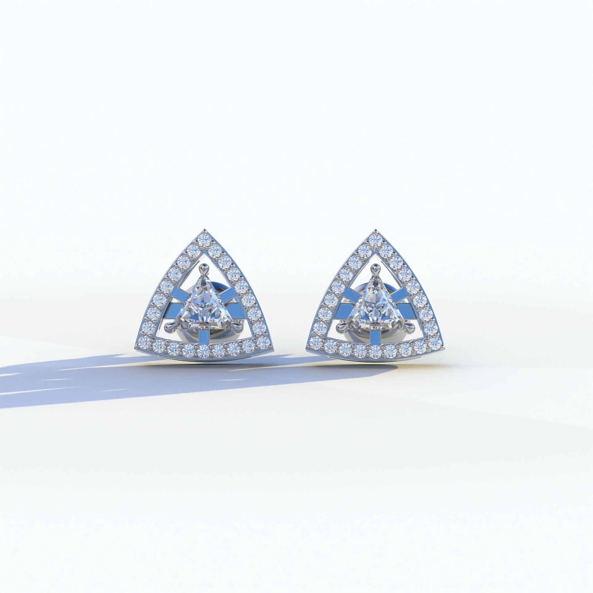 E VVS Triangle Cut Lab Diamond Halo Stud Earrings - Trinity - 10K Solid Gold / White Gold