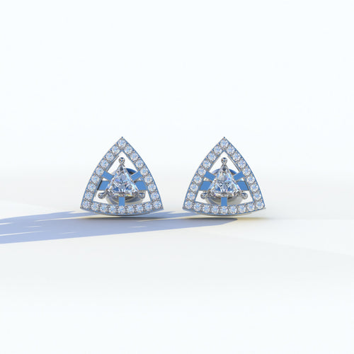 E VVS Triangle Cut Lab Diamond Halo Stud Earrings - Trinity - 10K Solid Gold / White Gold