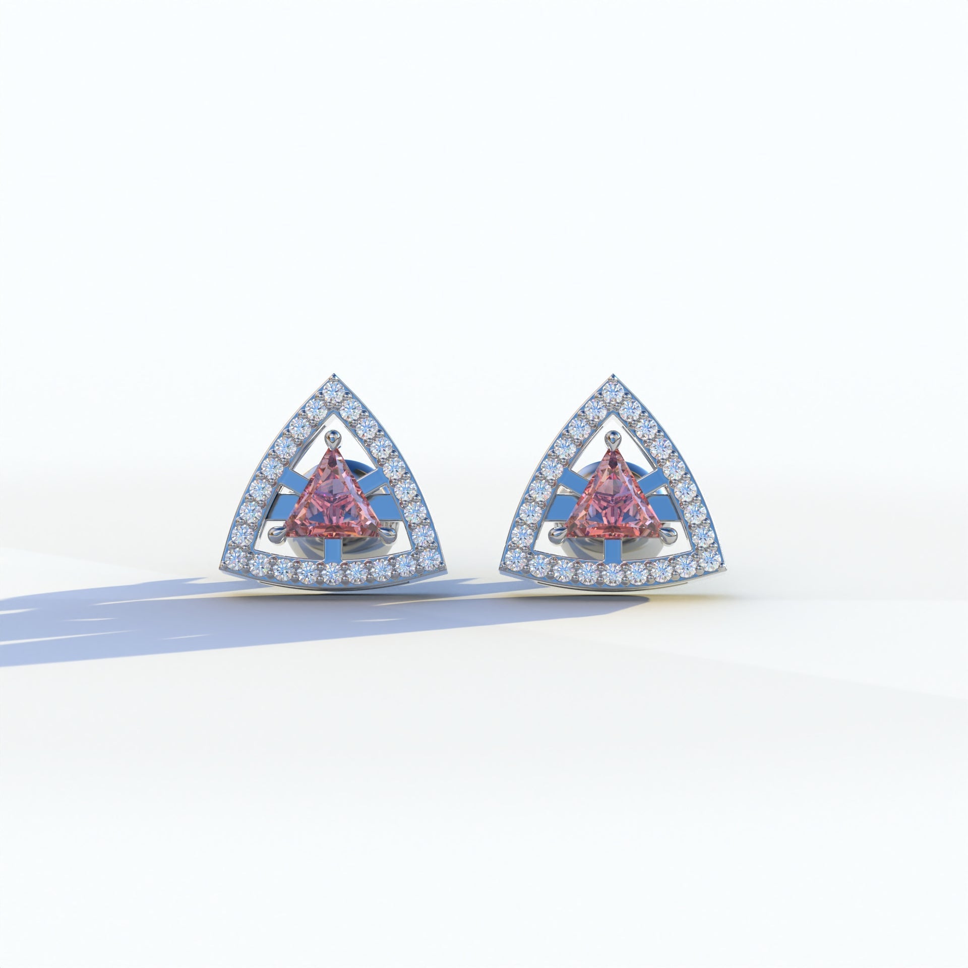 Pink Color Triangle Cut Lab Diamond Halo Stud Earrings - Trinity - 10K Solid Gold / White Gold