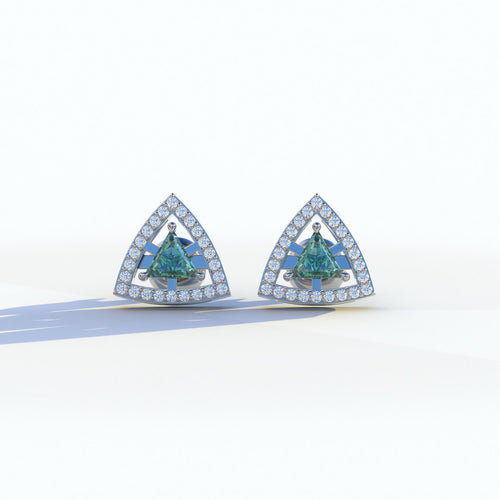 Green Color Triangle Cut Lab Diamond Halo Stud Earrings - Trinity - 10K Solid Gold / White Gold