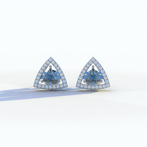 Blue Color Triangle Cut Lab Diamond Halo Stud Earrings - Trinity - 10K Solid Gold / White Gold
