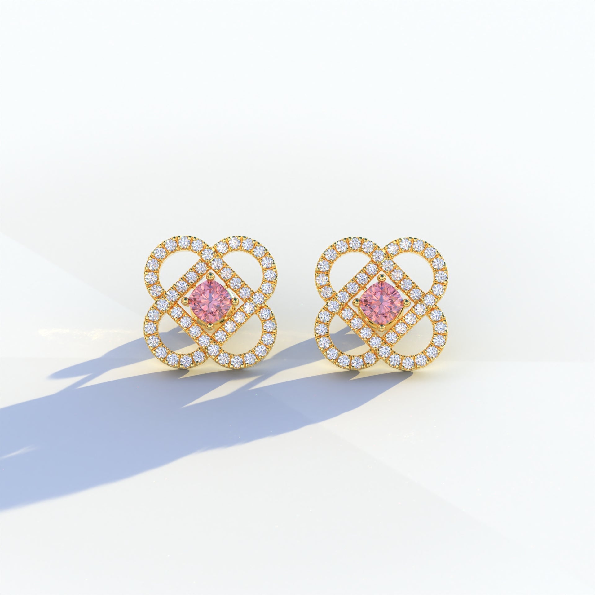 Pink Round Cut Lab Diamond Stud Earrings - Hanri Daussi - 10K Solid Gold / Yellow Gold