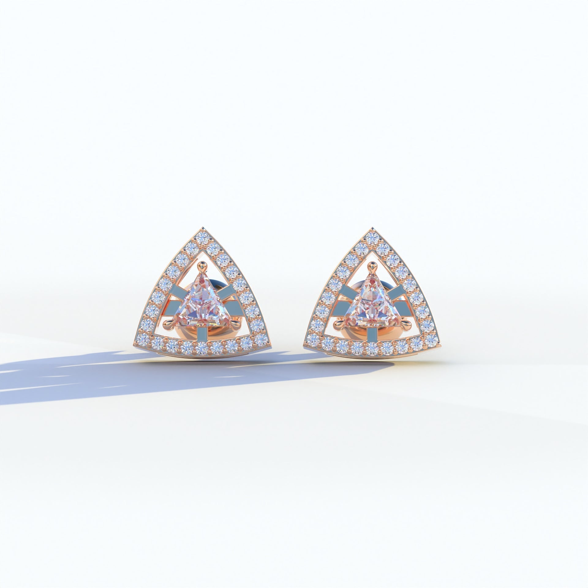 E VVS Triangle Cut Lab Diamond Halo Stud Earrings - Trinity - 10K Solid Gold / Rose Gold