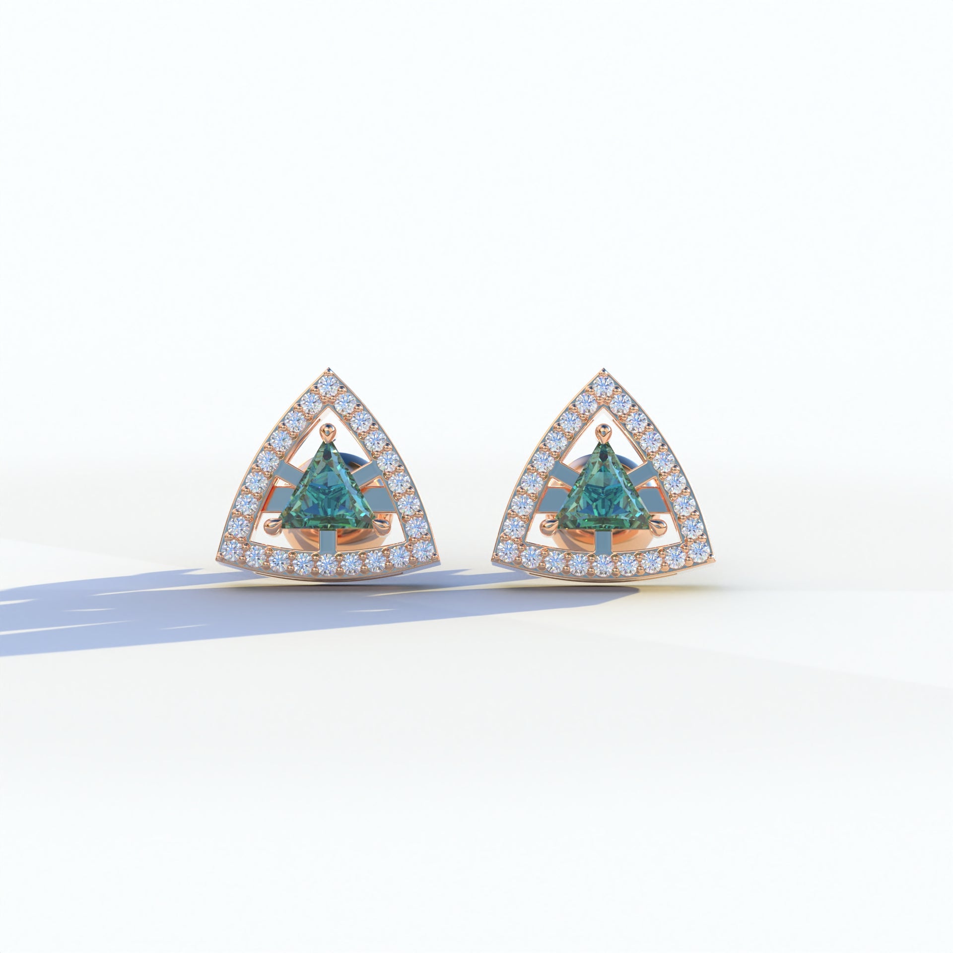 Green Color Triangle Cut Lab Diamond Halo Stud Earrings - Trinity - 10K Solid Gold / Rose Gold