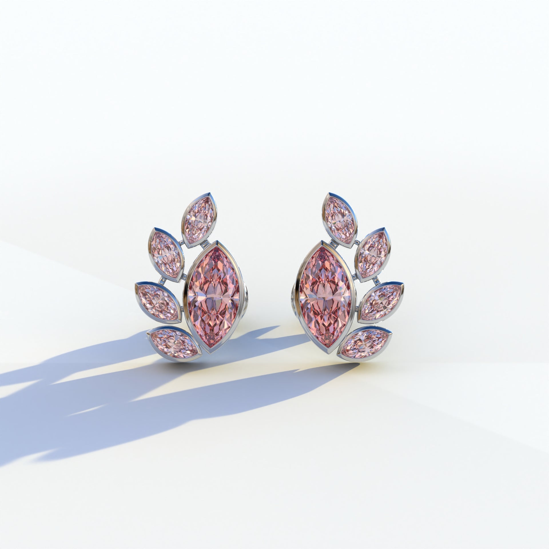 Pink Marquise Cut Lab Diamond Stud Earrings | Stunning Bezel Setting - Gardenia Cluster - 10K Solid Gold / White Gold