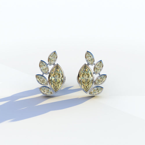 Yellow Marquise Cut Lab Diamond Stud Earrings | Stunning Bezel Setting - Gardenia Cluster - 10K Solid Gold / White Gold