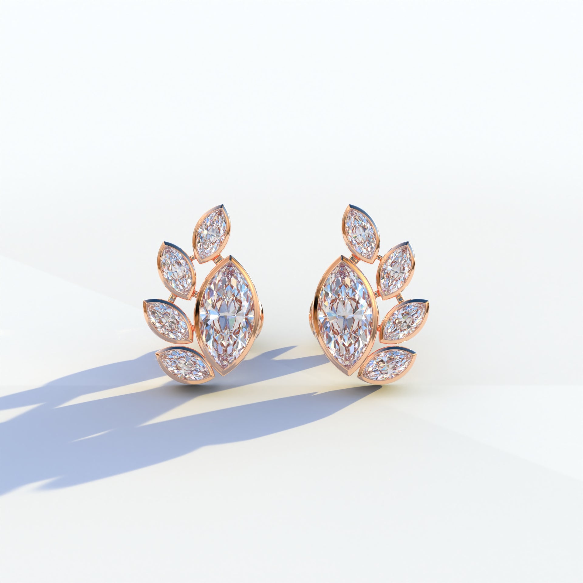 Marquise Cut Lab Diamond Stud Earrings | Stunning Bezel Setting - Gardenia Cluster - 10K Solid Gold / Rose Gold