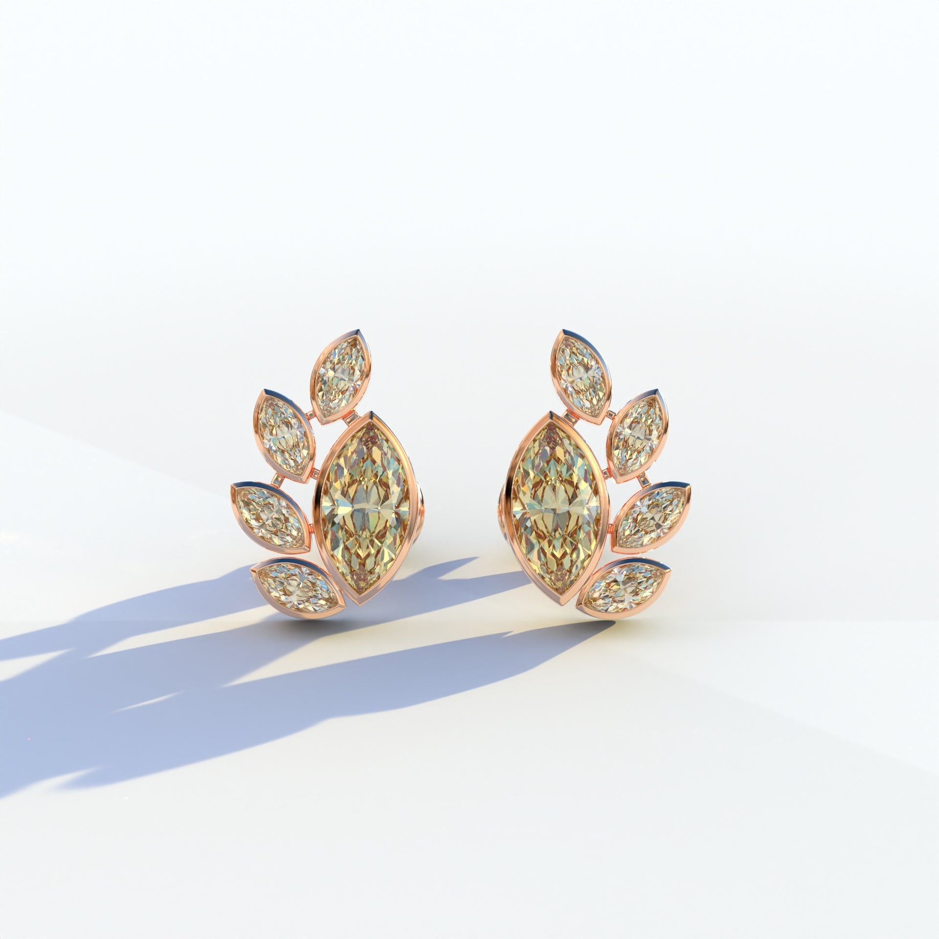Yellow Marquise Cut Lab Diamond Stud Earrings | Stunning Bezel Setting - Gardenia Cluster - 10K Solid Gold / Rose Gold