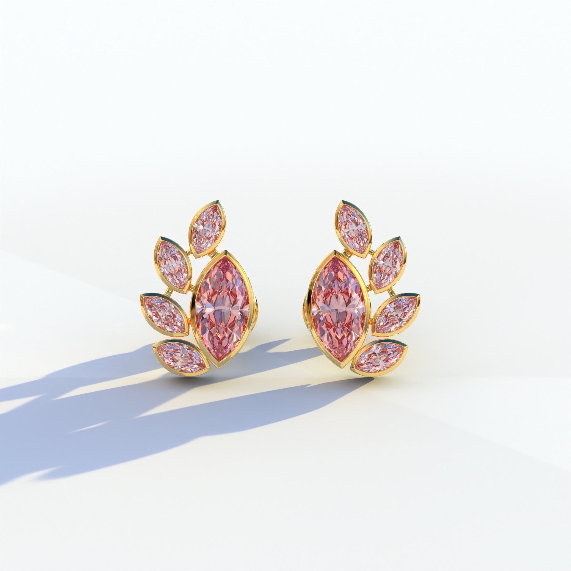 Pink Marquise Cut Lab Diamond Stud Earrings | Stunning Bezel Setting - Gardenia Cluster - 10K Solid Gold / Yellow Gold