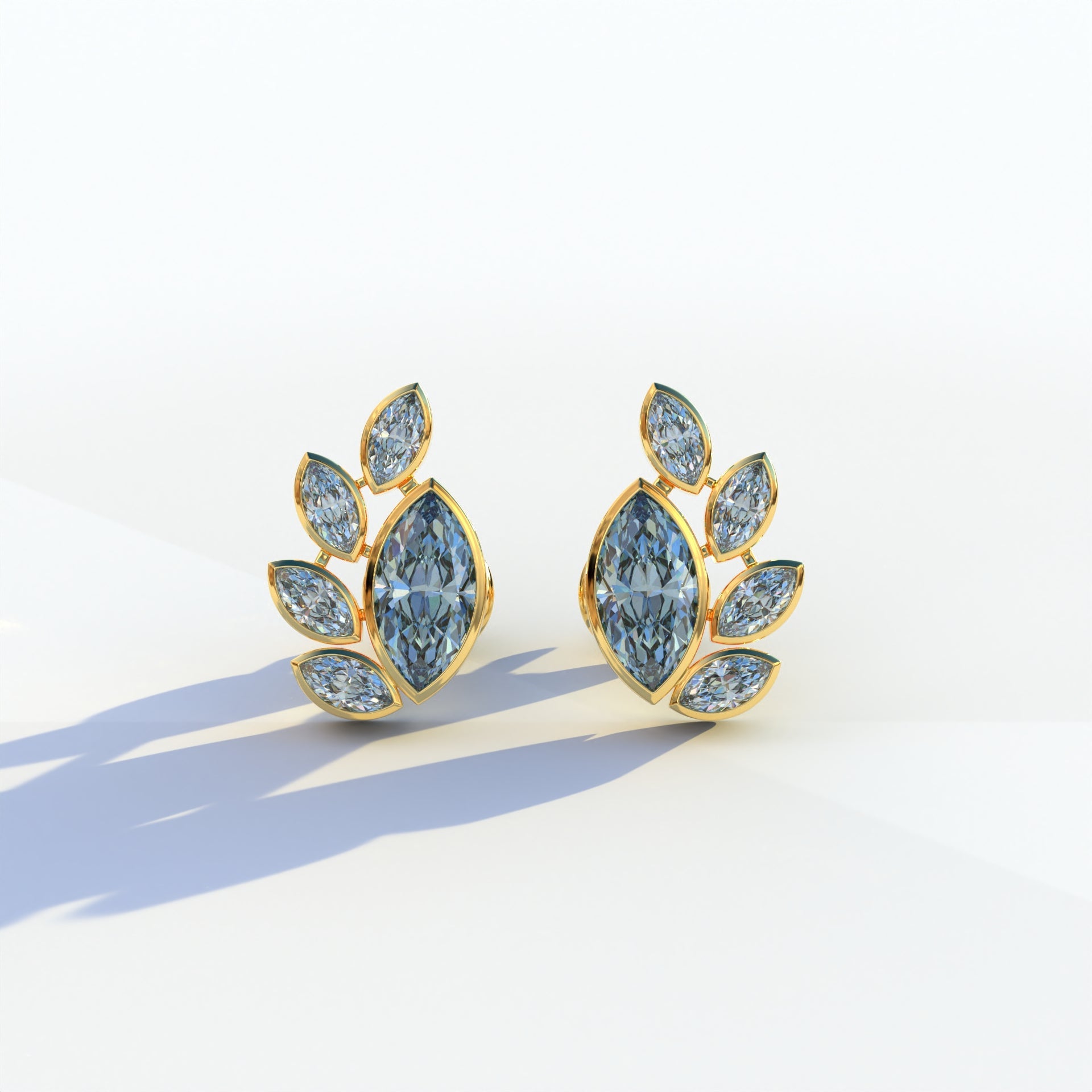 Blue Marquise Cut Lab Diamond Stud Earrings | Stunning Bezel Setting - Gardenia Cluster - 10K Solid Gold / Yellow Gold