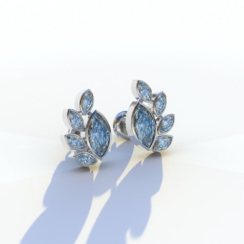 Blue Marquise Cut Lab Diamond Stud Earrings | Stunning Bezel Setting - Gardenia Cluster - 10K Solid Gold / White Gold