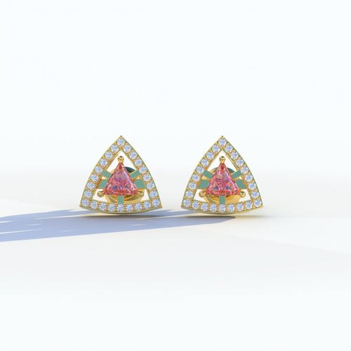 Pink Color Triangle Cut Lab Diamond Halo Stud Earrings - Trinity - 10K Solid Gold / Yellow Gold