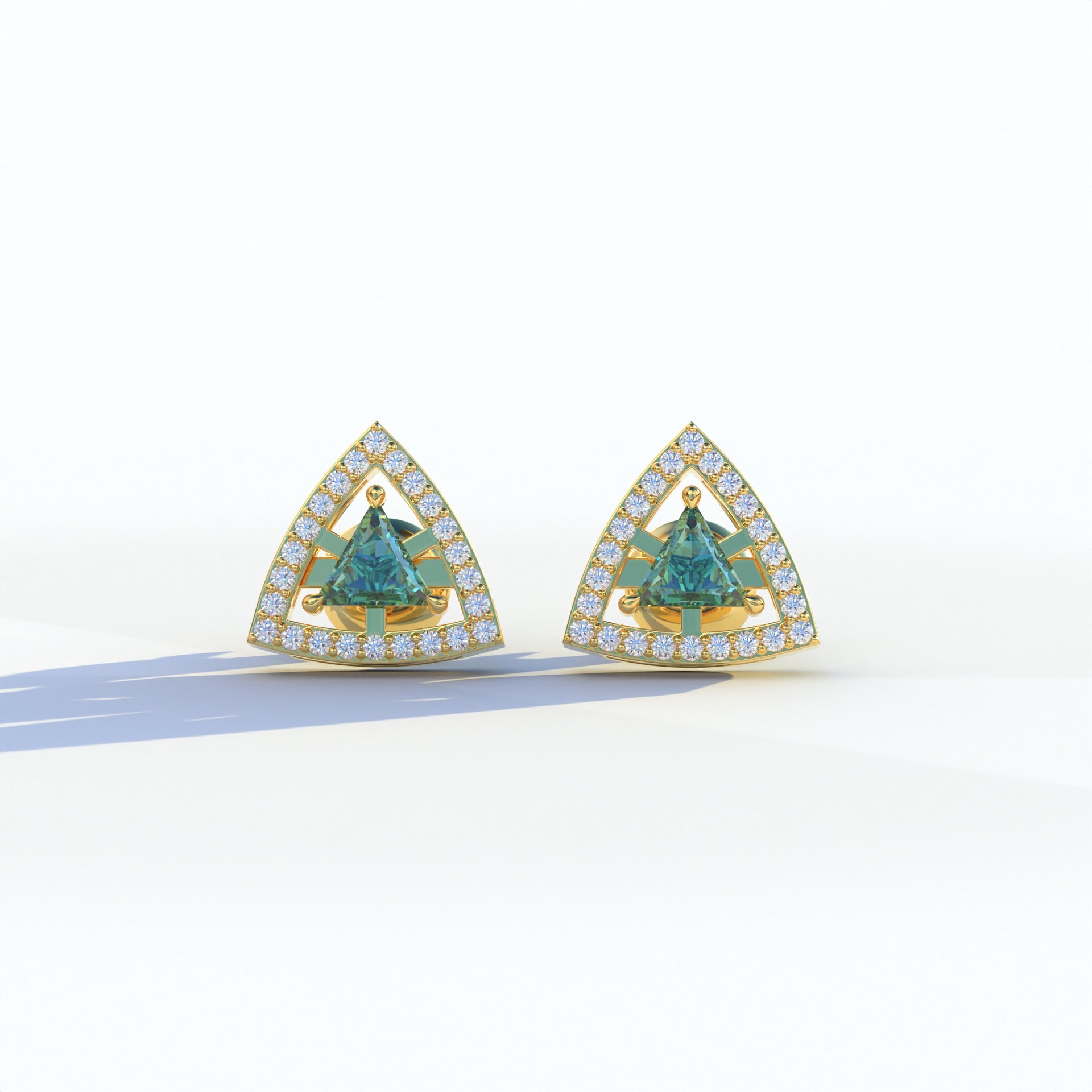 Green Color Triangle Cut Lab Diamond Halo Stud Earrings - Trinity - 10K Solid Gold / Yellow Gold