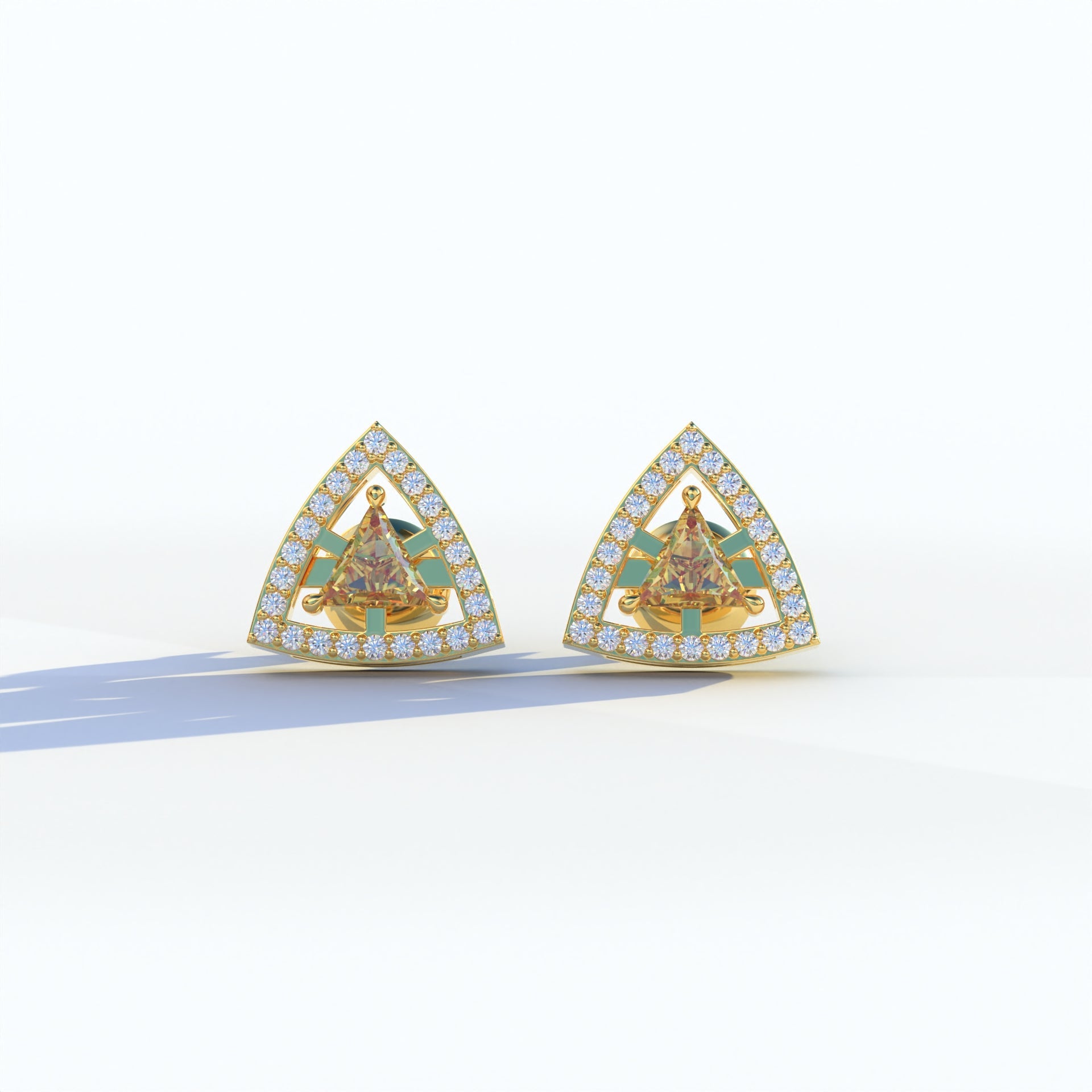 Yellow Color Triangle Cut Lab Diamond Halo Stud Earrings - Trinity - 10K Solid Gold / Yellow Gold