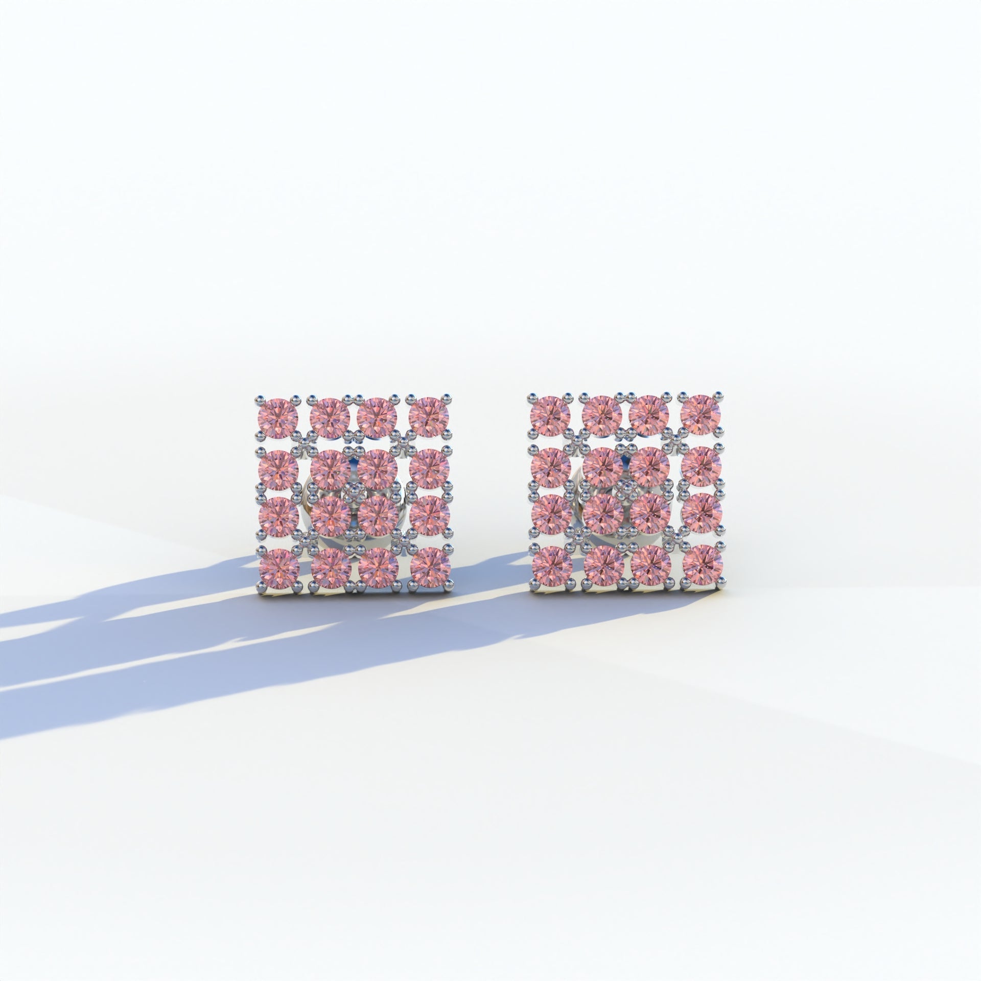 Pink Round Cut Lab Diamond Cluster Setting Stud Earrings - Cindy - 10K Solid Gold / White Gold