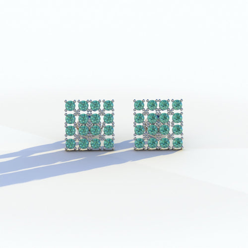 Green Round Cut Lab Diamond Cluster Setting Stud Earrings - Cindy - 10K Solid Gold / White Gold