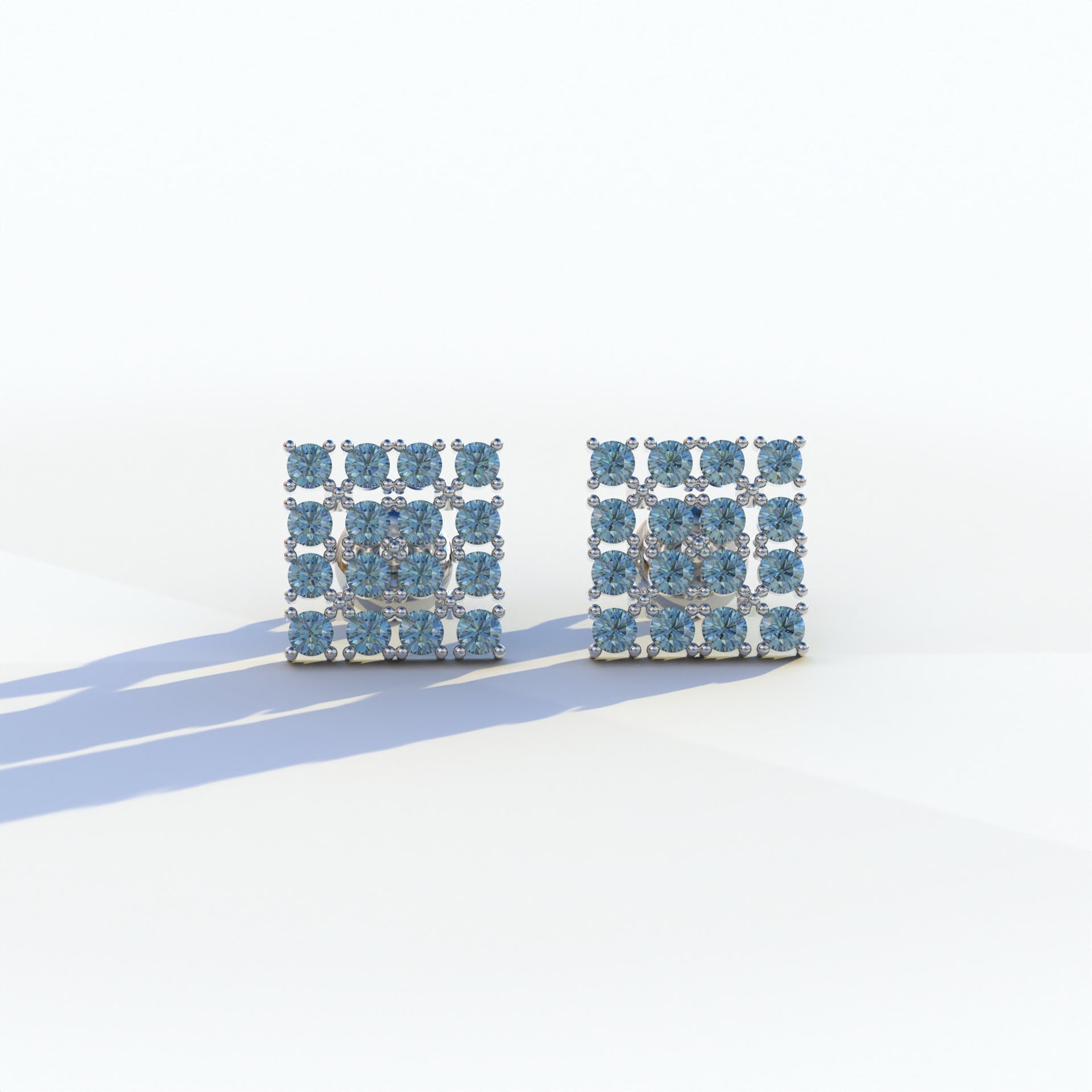 Blue Round Cut Lab Diamond Cluster Setting Stud Earrings - Cindy - 10K Solid Gold / White Gold