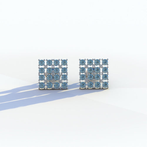 Blue Round Cut Lab Diamond Cluster Setting Stud Earrings - Cindy - 10K Solid Gold / White Gold