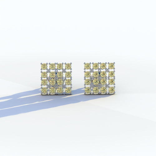 Yellow Round Cut Lab Diamond Cluster Setting Stud Earrings - Cindy - 10K Solid Gold / White Gold